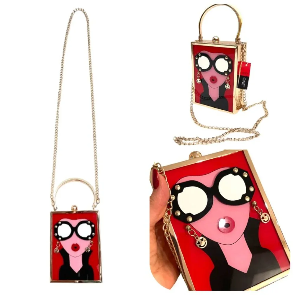 NWT Applique face Acrylic clutch/crossbody bag - Picture 1 of 13